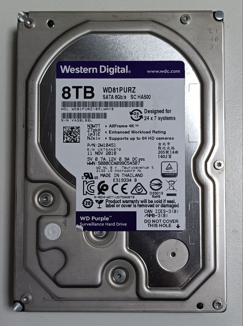 【注意】表示 W.D. WD81PURZ 8TB SATA 5400rpm 内蔵