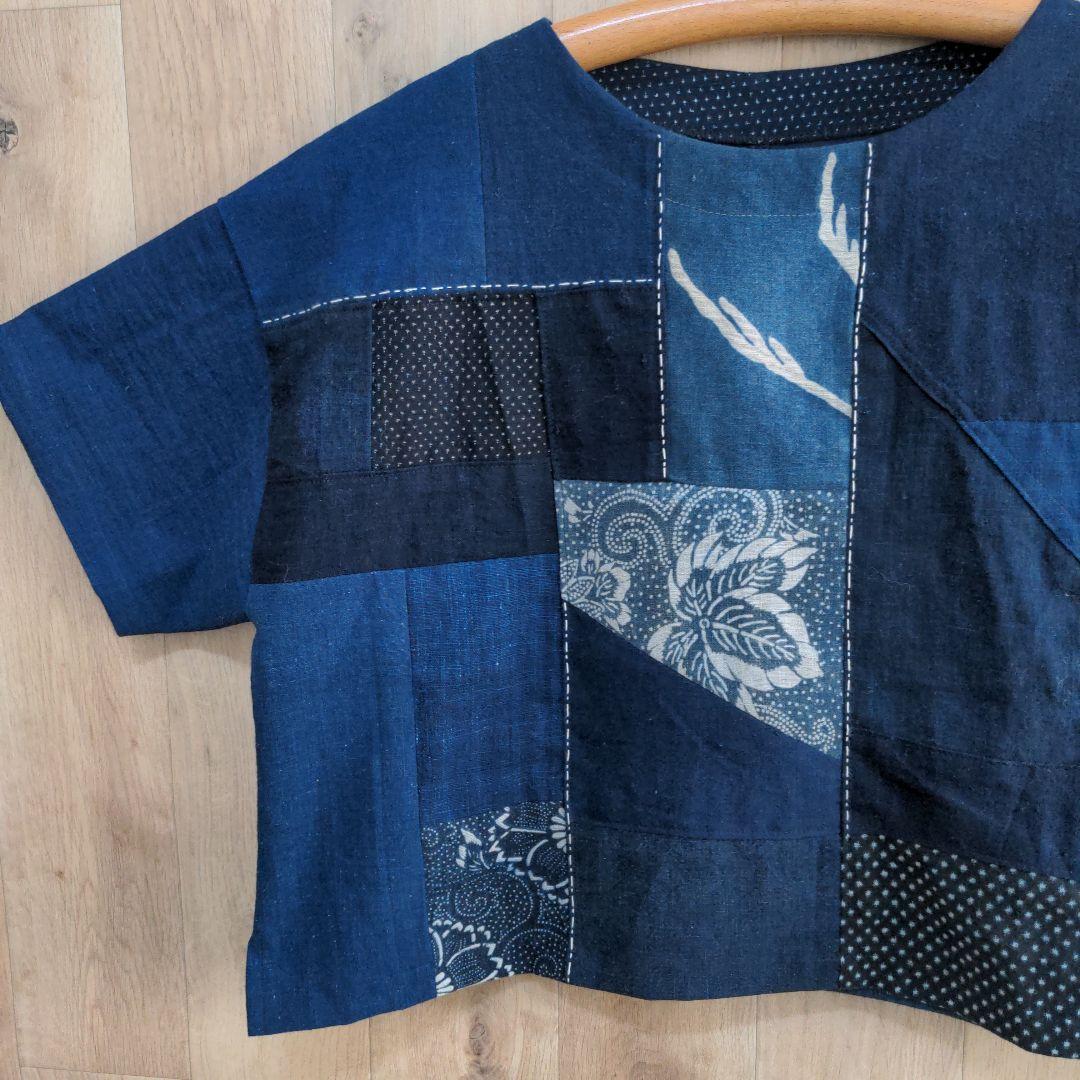 古布リメイク　筒描き　型染め　 藍染め木綿　プルオーバー