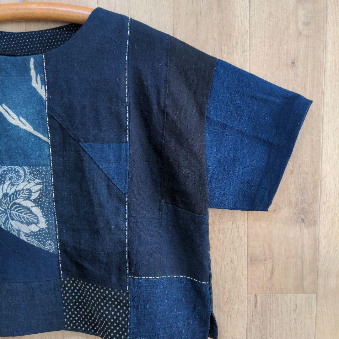 古布リメイク　筒描き　型染め　 藍染め木綿　プルオーバー