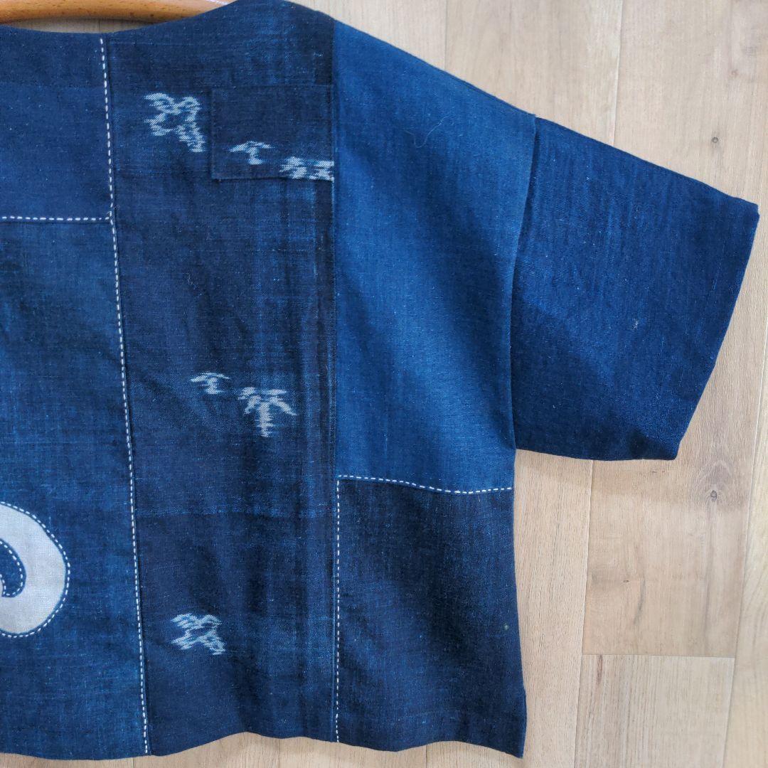 古布リメイク　筒描き　型染め　 藍染め木綿　プルオーバー