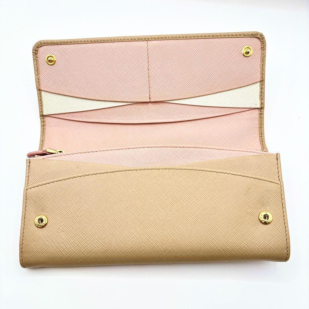 PRADA マルチカラー フラップ長財布 サフィアーノ ベージュ×ピンク
