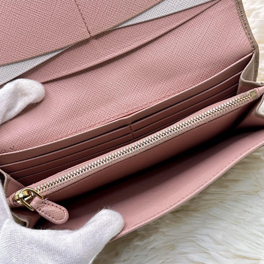 PRADA マルチカラー フラップ長財布 サフィアーノ ベージュ×ピンク