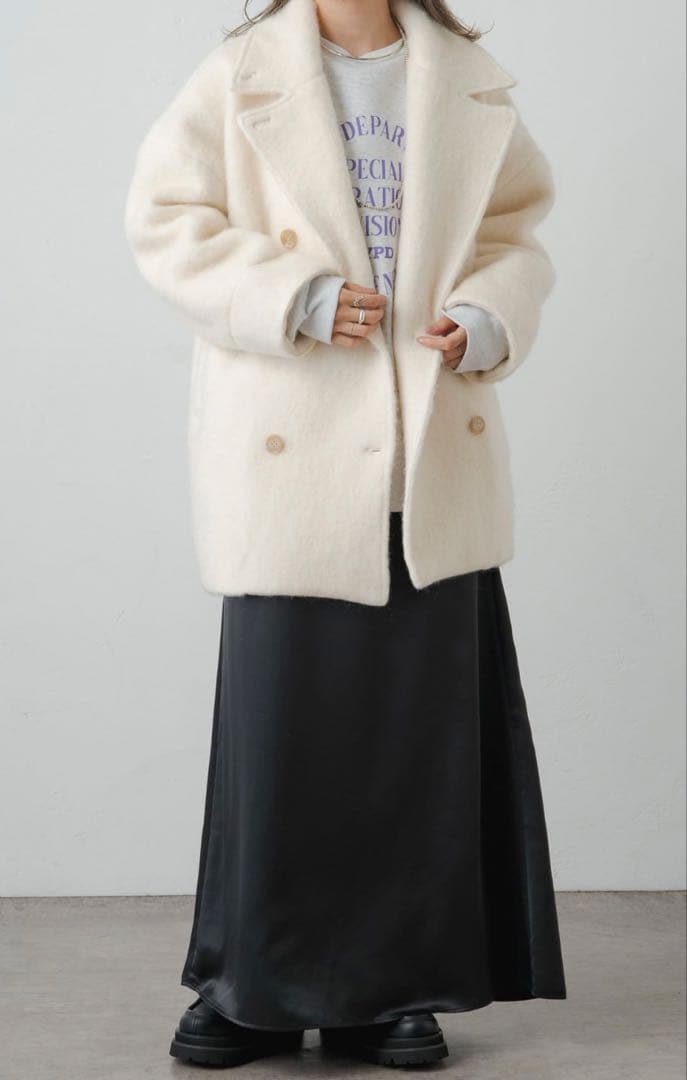 Omekashi アイボリー シャギースタンドピーコート　 ウールコート