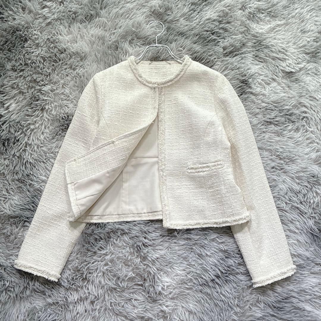 セルフォード ノーカラーツイードジャケット M アイボリー 上品 入学式 入園式
