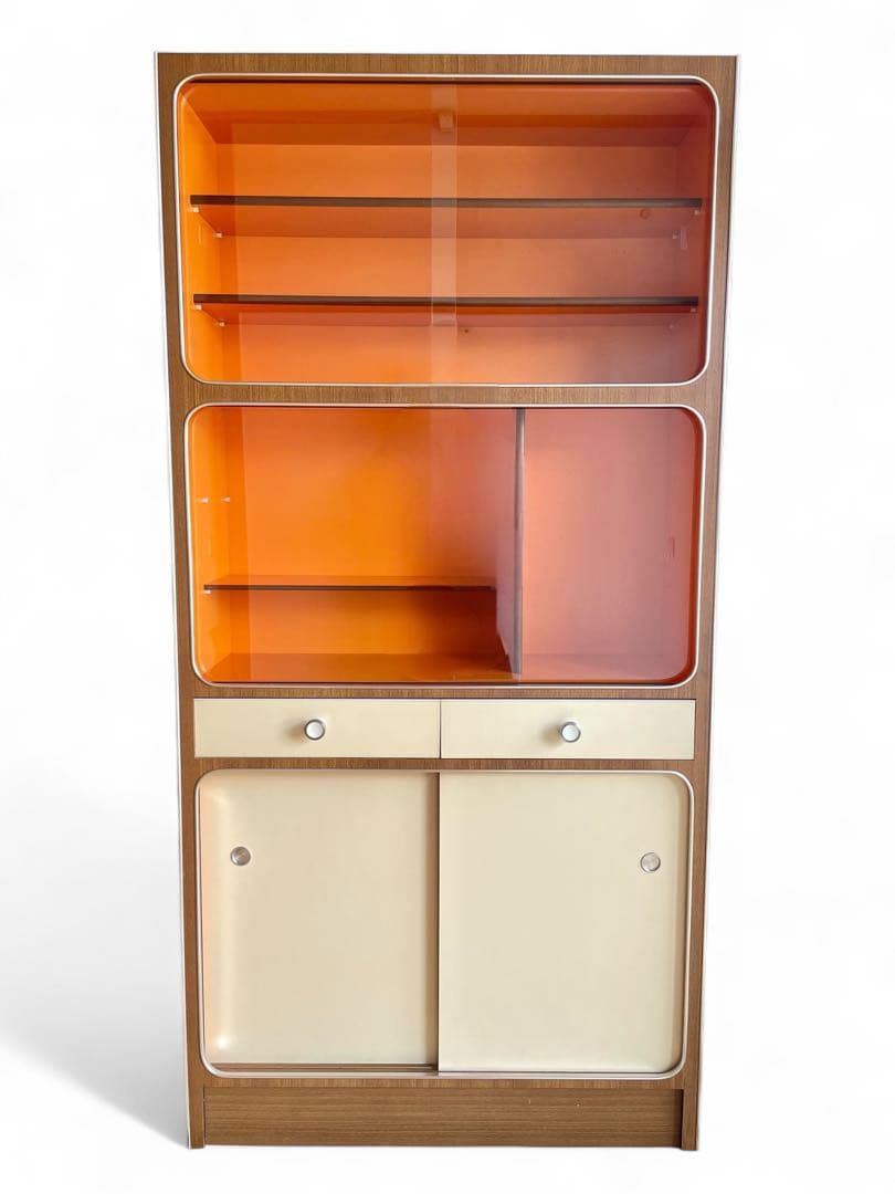 昭和 レトロ ポップ 収納棚 食器棚 飾り棚 キャビネット ガラス戸 オレンジ