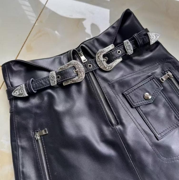 新品レディース高級 本革↑超ソフトなラムレザーミニ丈スカート黒ラムレザースカート