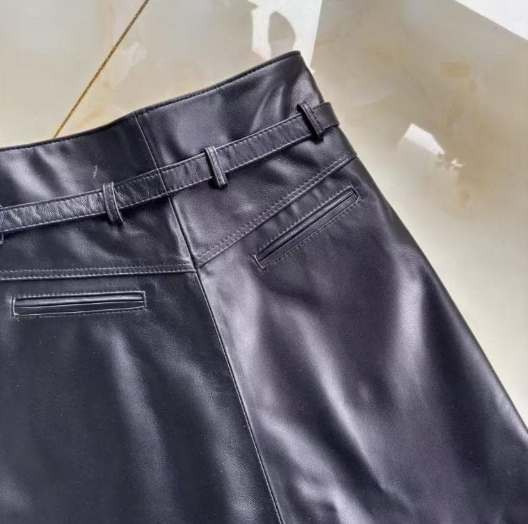 新品レディース高級 本革↑超ソフトなラムレザーミニ丈スカート黒ラムレザースカート