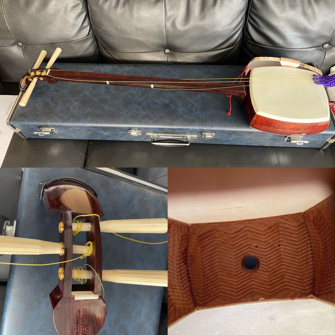 三味線 紅木 二本溝 子持綾杉胴　糸巻天然素材　皮破れなし