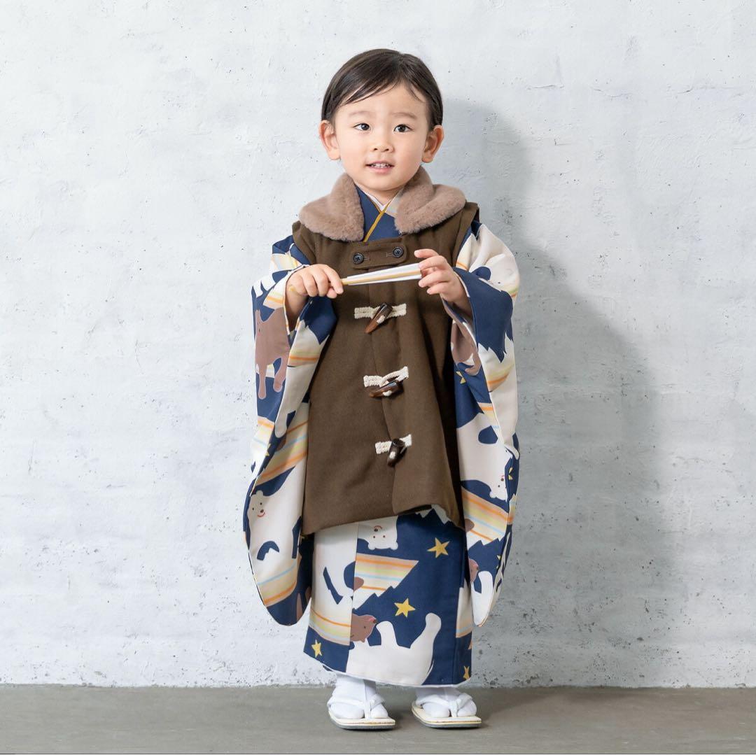 3歳 七五三 男の子 着物 被布 お参り 前撮り セット くま 青 茶