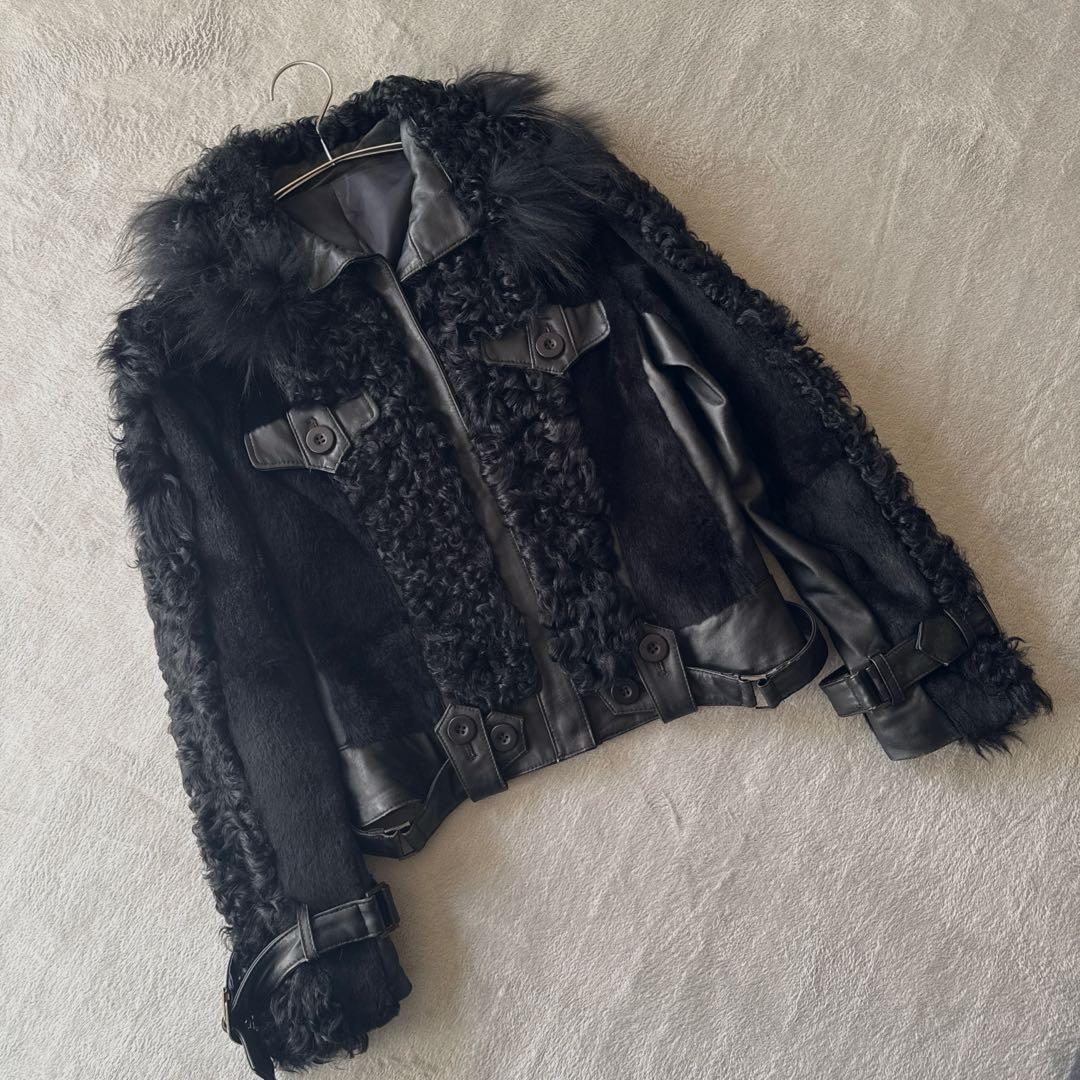 Pin Curl【S-M相当】 リアルファー＆ラムレザー ライダースジャケット