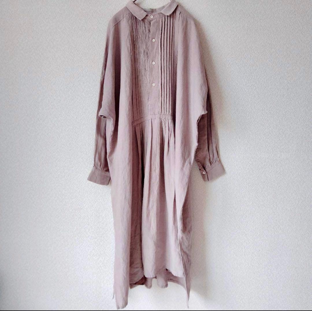 イチアンティークス　ロングワンピース　ピンタック　ギャザー　リネン　くすみピンク