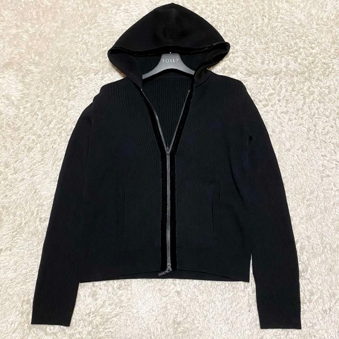 FOXEY フォクシー フードパーカー　ウール　リブニット　ベロア　40