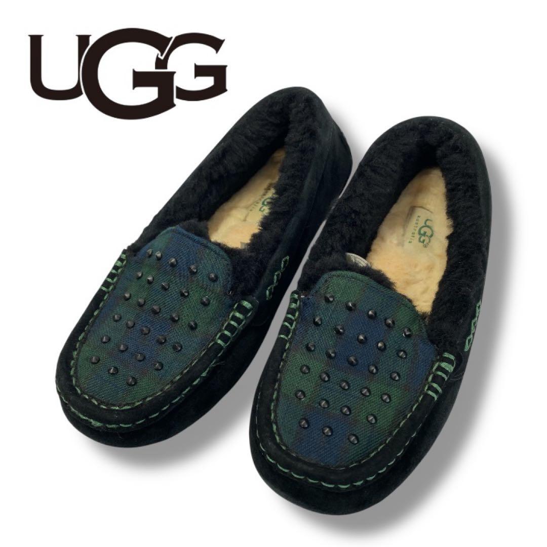 UGG 24.0cm スエード モカシン ブラック グリーン　ボア　スタッズ