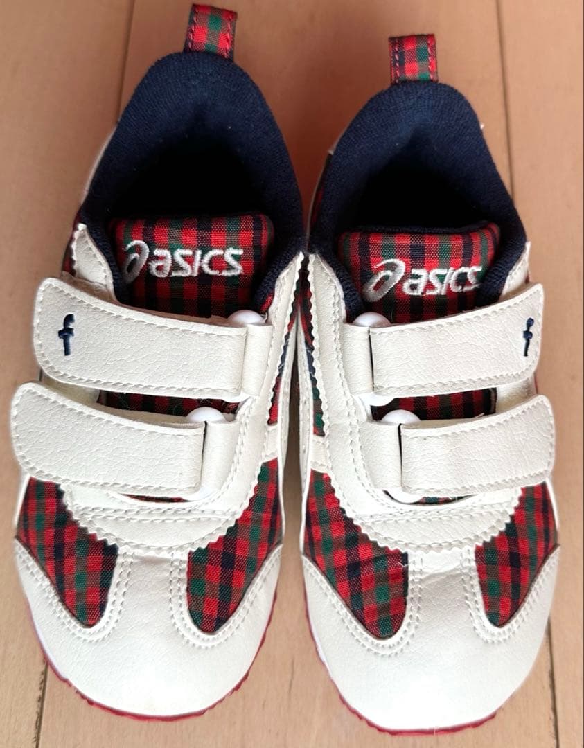 美品　ファミリア　アシックス　スニーカー　赤系チェック　16cm