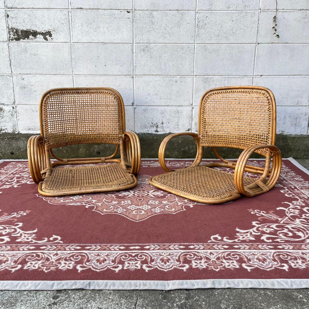 ビンテージ古家具◾️籐ラタン製 肘掛け付き 座椅子 ラタン家具 ナチュラル天然素材