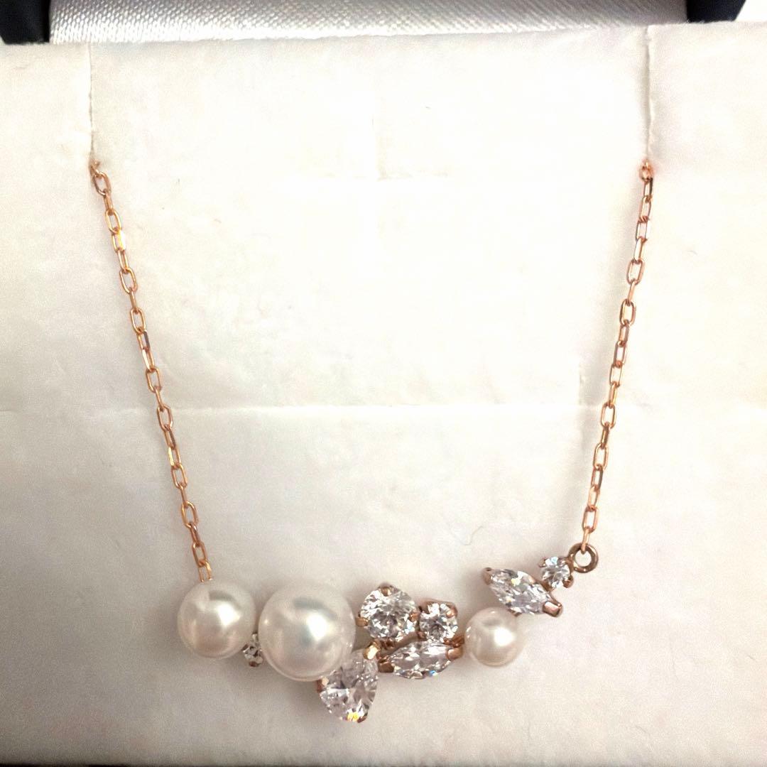 K10PG♡淡水パール/キュービックジルコニアネックレス
