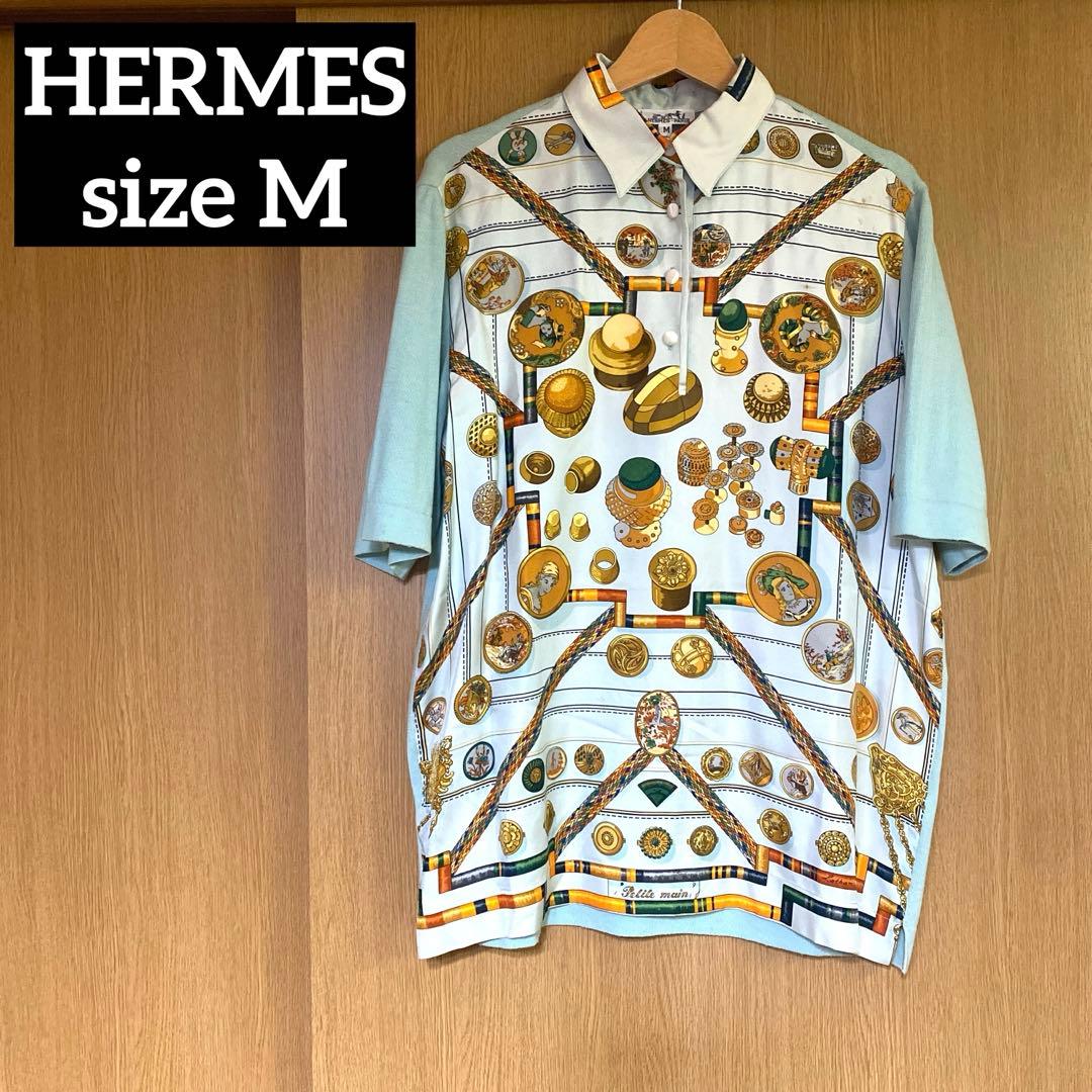 【送料無料】 HERMES エルメス シルク スカーフ柄 切替ポロシャツ M