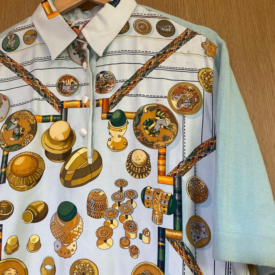 【送料無料】 HERMES エルメス シルク スカーフ柄 切替ポロシャツ M