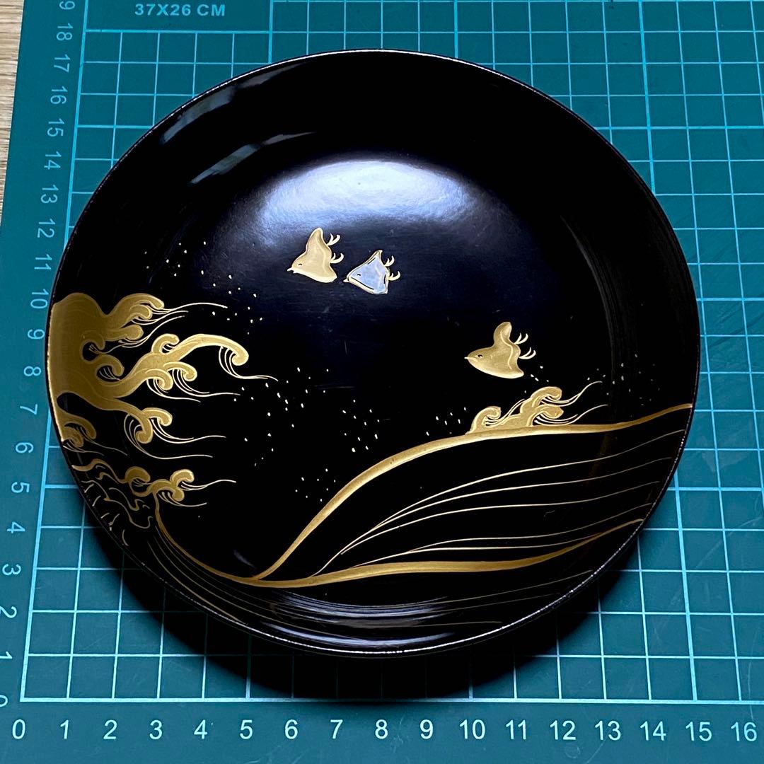 ◆時代 輪島塗 波千鳥 蒔絵 螺鈿細工 16cm皿 五客 銘々皿 菓子器