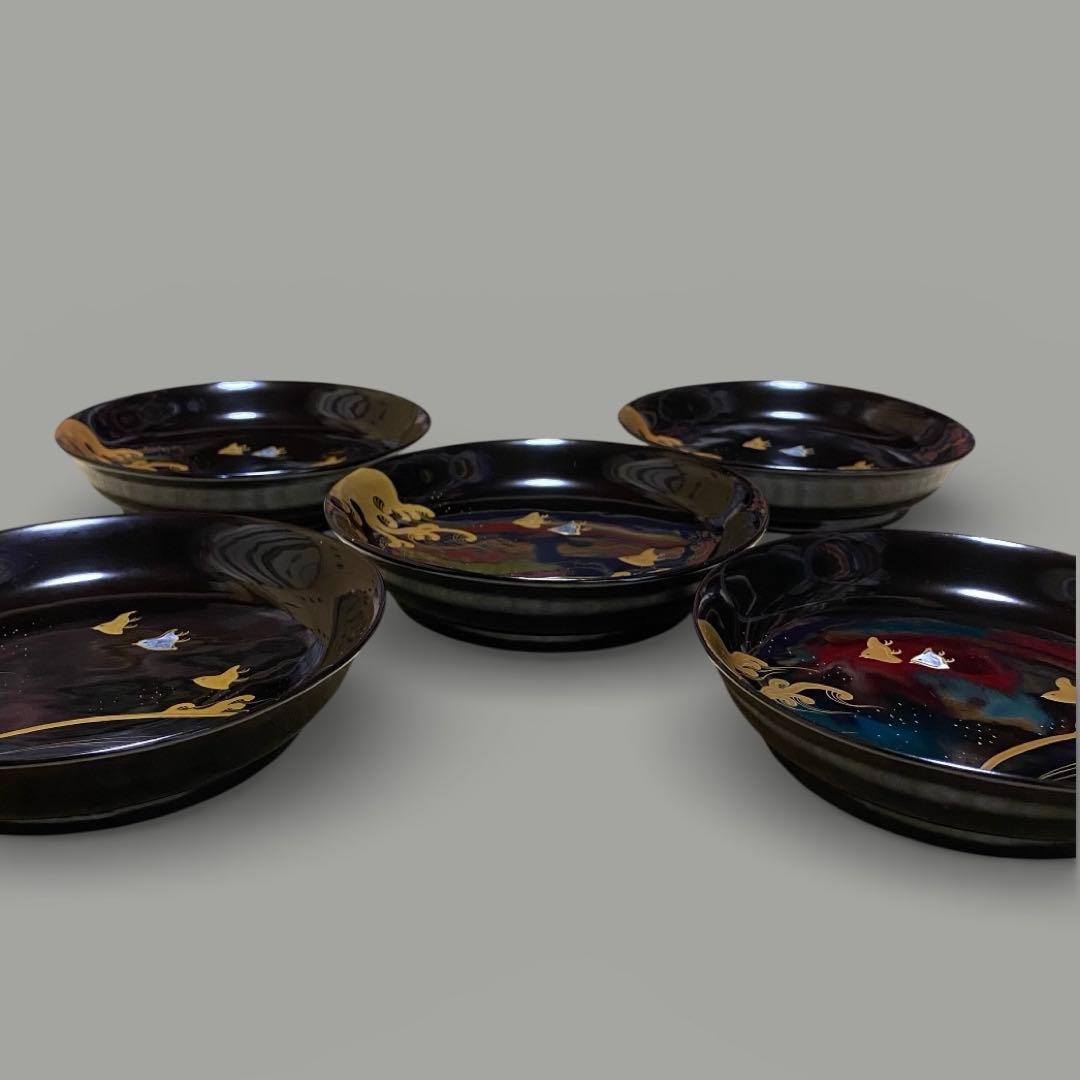 ◆時代 輪島塗 波千鳥 蒔絵 螺鈿細工 16cm皿 五客 銘々皿 菓子器