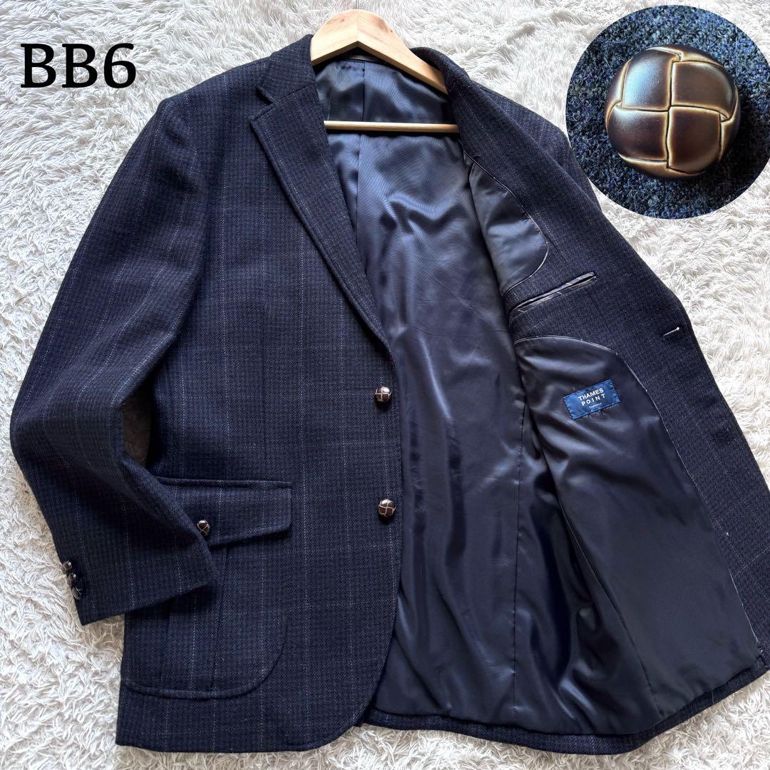 極美品　テーラードジャケット　グレンチェック　ネイビー　紺　BB6 胡桃ボタン