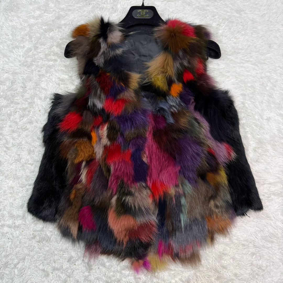 ベスト 染めフォックス ラビット マルチカラー リアルファー 本毛皮