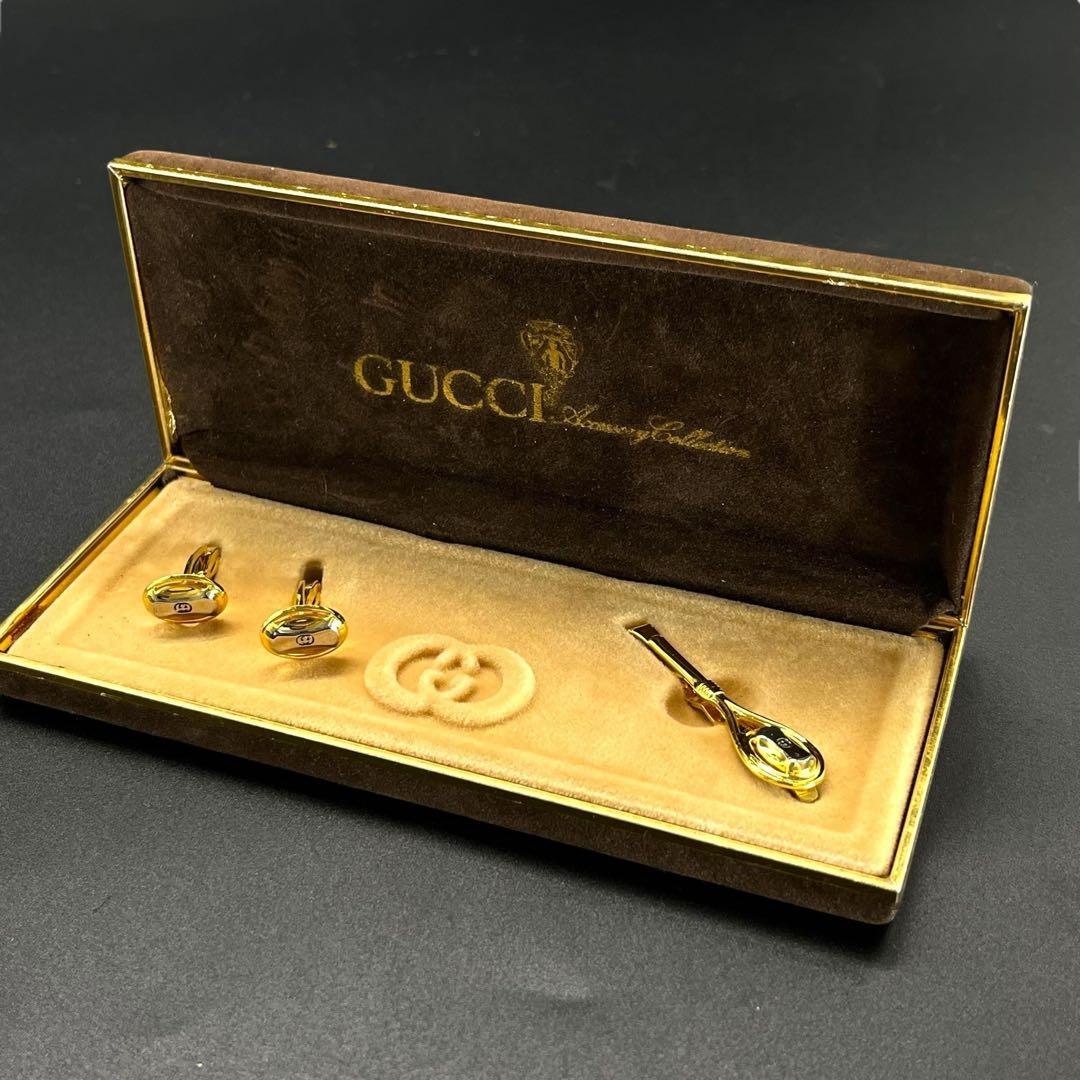 GUCCI グッチ ゴールド系ネクタイピン&カフス セット ケース付き