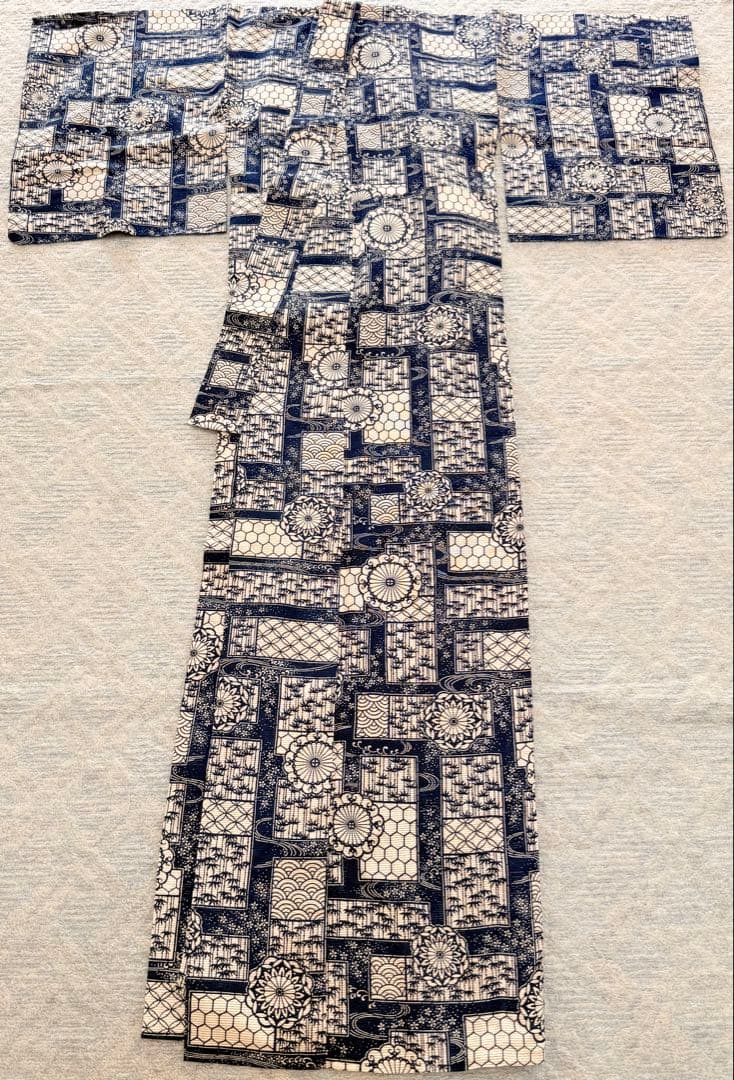 高級 浴衣 長板中形 長板正藍染 初山寛 無形文化財 綿絽 残布付き