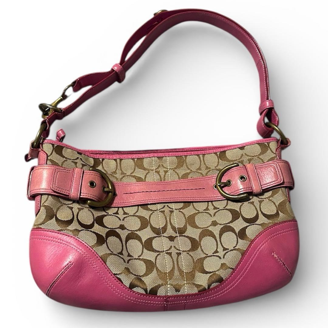 Coach コーチ ショルダーバッグ シグネチャー キャンバス レザー　ピンク