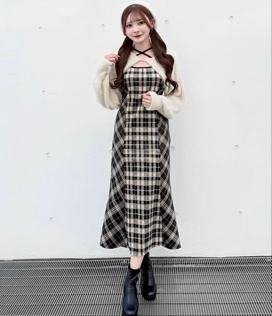【新品未使用タグ付き】NOMAE シャギーボレロロングチェックワンピース