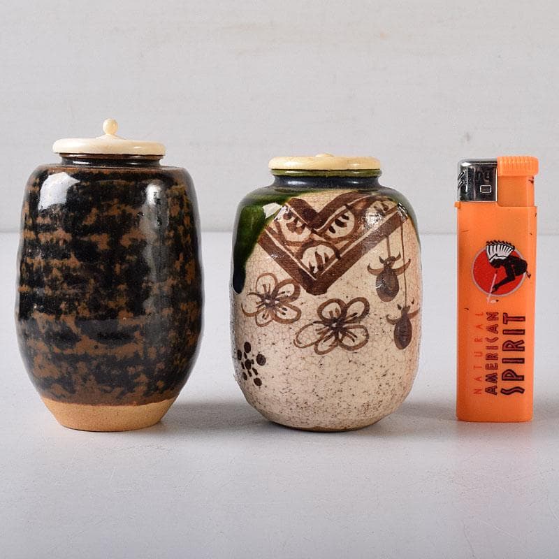 すみれ　織部焼　瀬戸焼　肩衝茶入　2点　仕覆3点　まとめて　C　7620