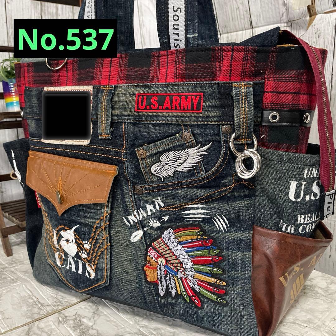 No.537 デニムリメイクバッグ　肩掛けトートバッグ　キャットインディアン