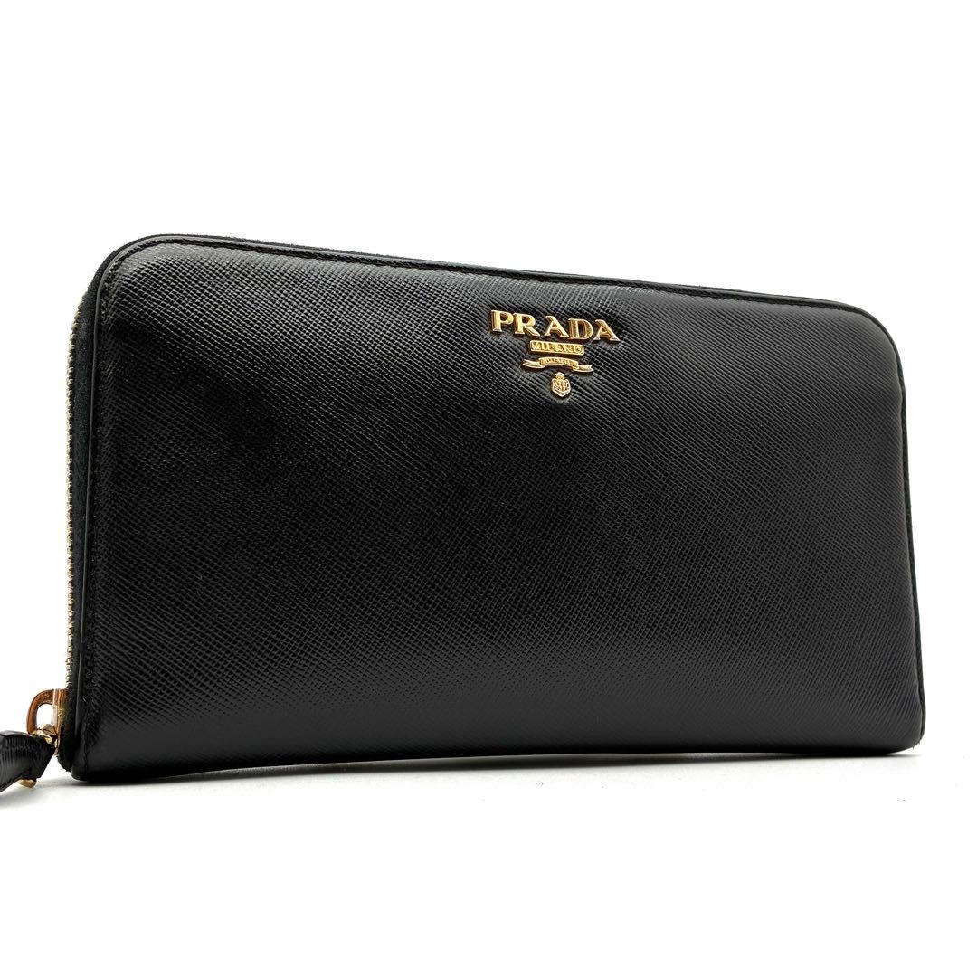 美品 プラダ 長財布 ゴールドロゴ サフィアーノレザー ラウンドジップ ブラック