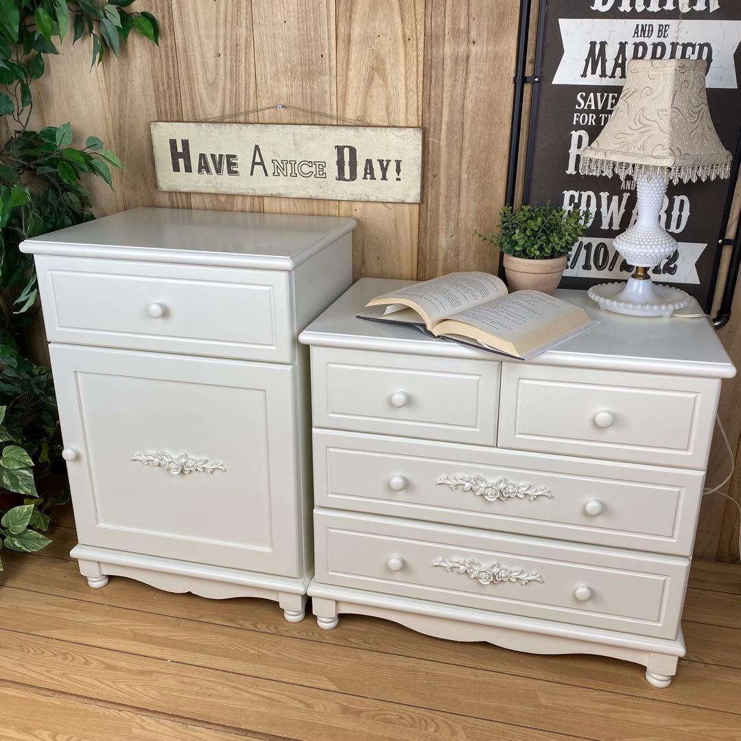 フレンチカントリー北欧調ホワイトチェストサイドキャビネット二点セットタンス収納
