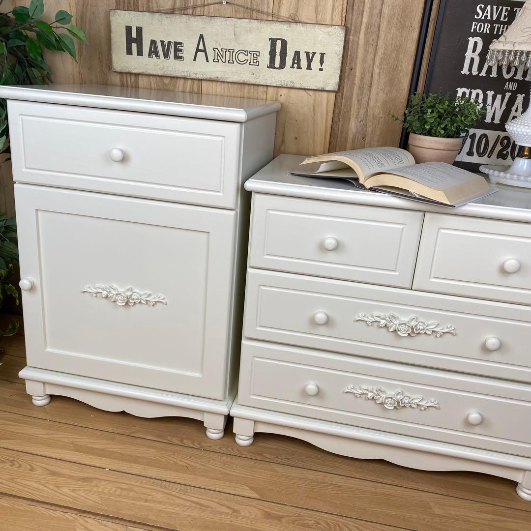 フレンチカントリー北欧調ホワイトチェストサイドキャビネット二点セットタンス収納