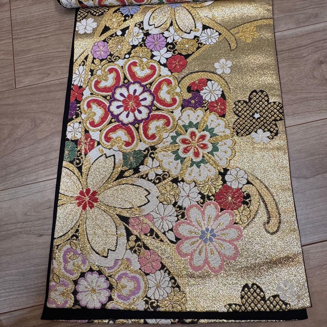 超美品　正絹　袋帯　六通　着物　振袖用　成人式　443 金　黒　白　桜　ピンク