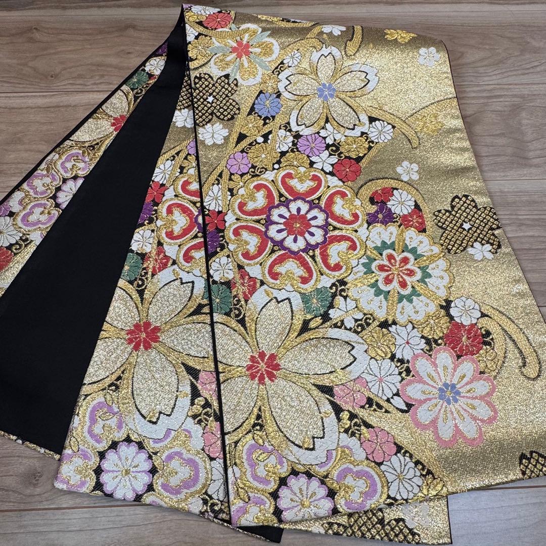 超美品　正絹　袋帯　六通　着物　振袖用　成人式　443 金　黒　白　桜　ピンク