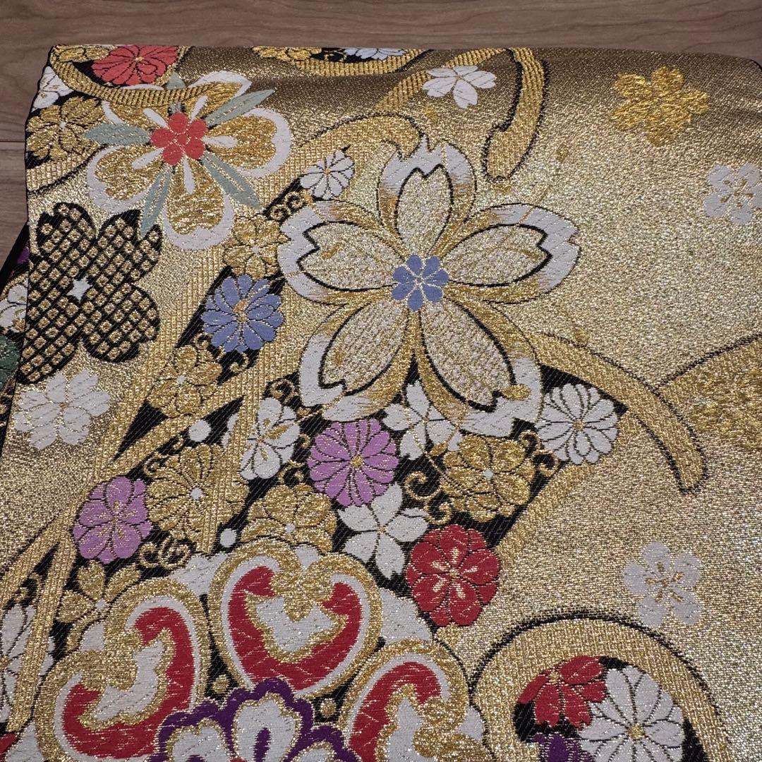 超美品　正絹　袋帯　六通　着物　振袖用　成人式　443 金　黒　白　桜　ピンク