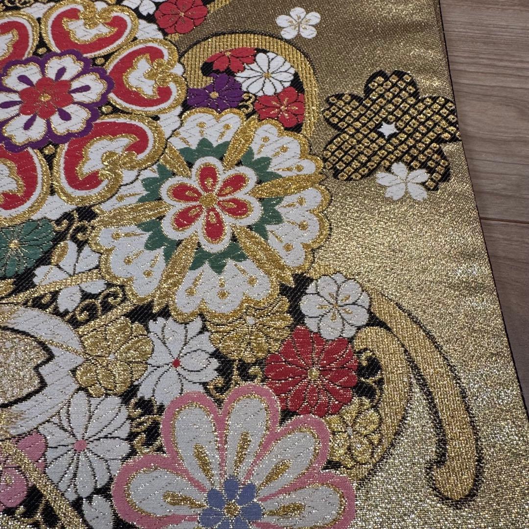 超美品　正絹　袋帯　六通　着物　振袖用　成人式　443 金　黒　白　桜　ピンク