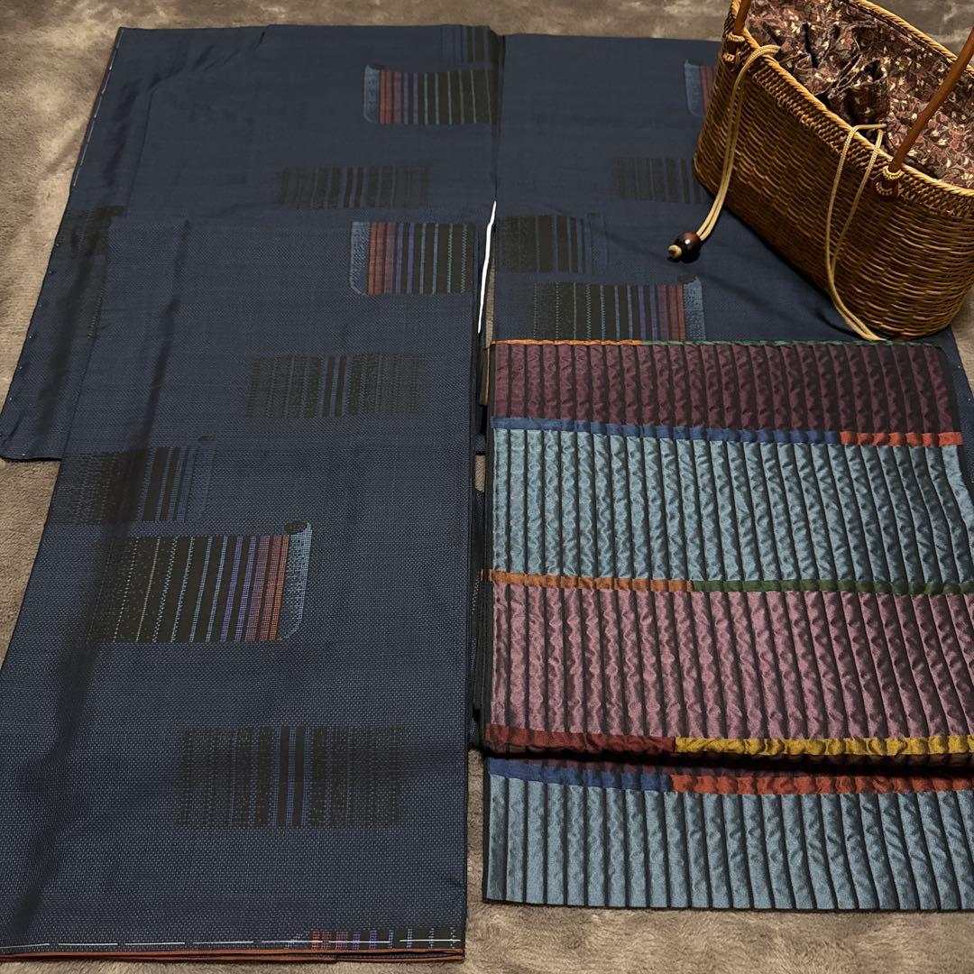 希少モデルサイズ　かっこいいセットしつけ糸付未使用大島紬　未使用お洒落袋帯