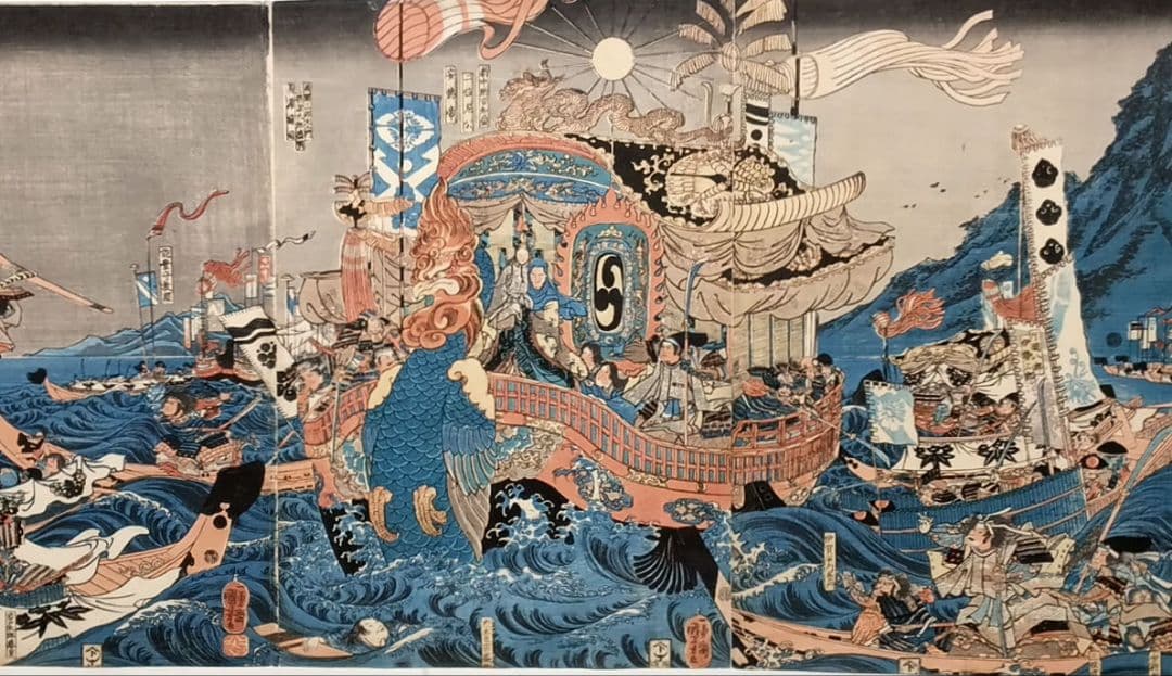 浮世絵版画、長門國赤間の浦に於て源平合戦平家一門悉く亡びる圖歌川国芳画弘化出版