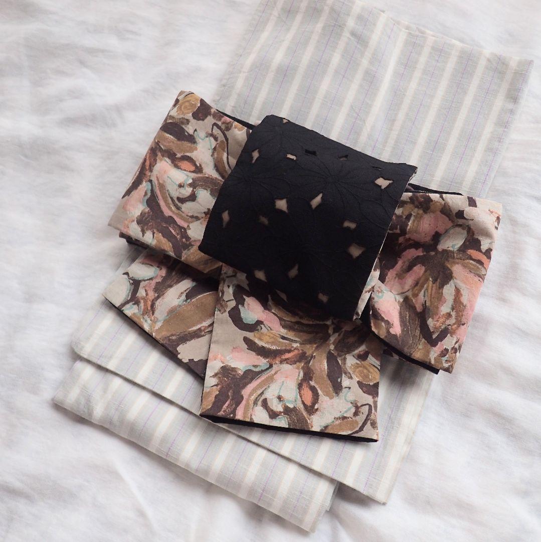 m*　ハンドメイド半幅帯No,48＋黒レース半襟　おまとめ