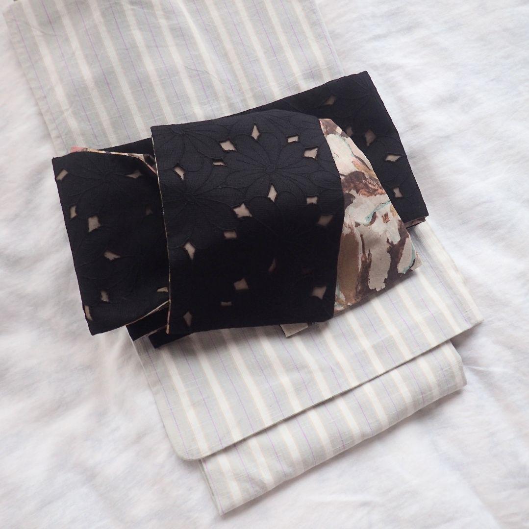 m*　ハンドメイド半幅帯No,48＋黒レース半襟　おまとめ