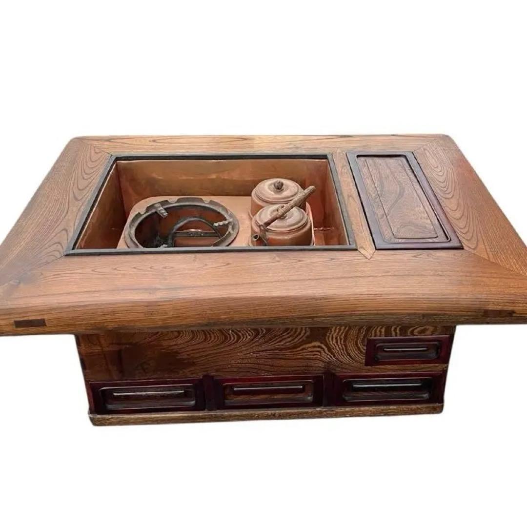 欅調 木製 長火鉢 銅板張り 引き出し付 囲炉裏火鉢 古民具