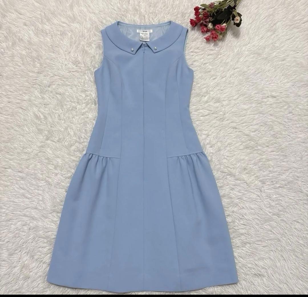 ルネ ノースリーブワンピース ドレス パール 襟つき ストレッチ　水色 32