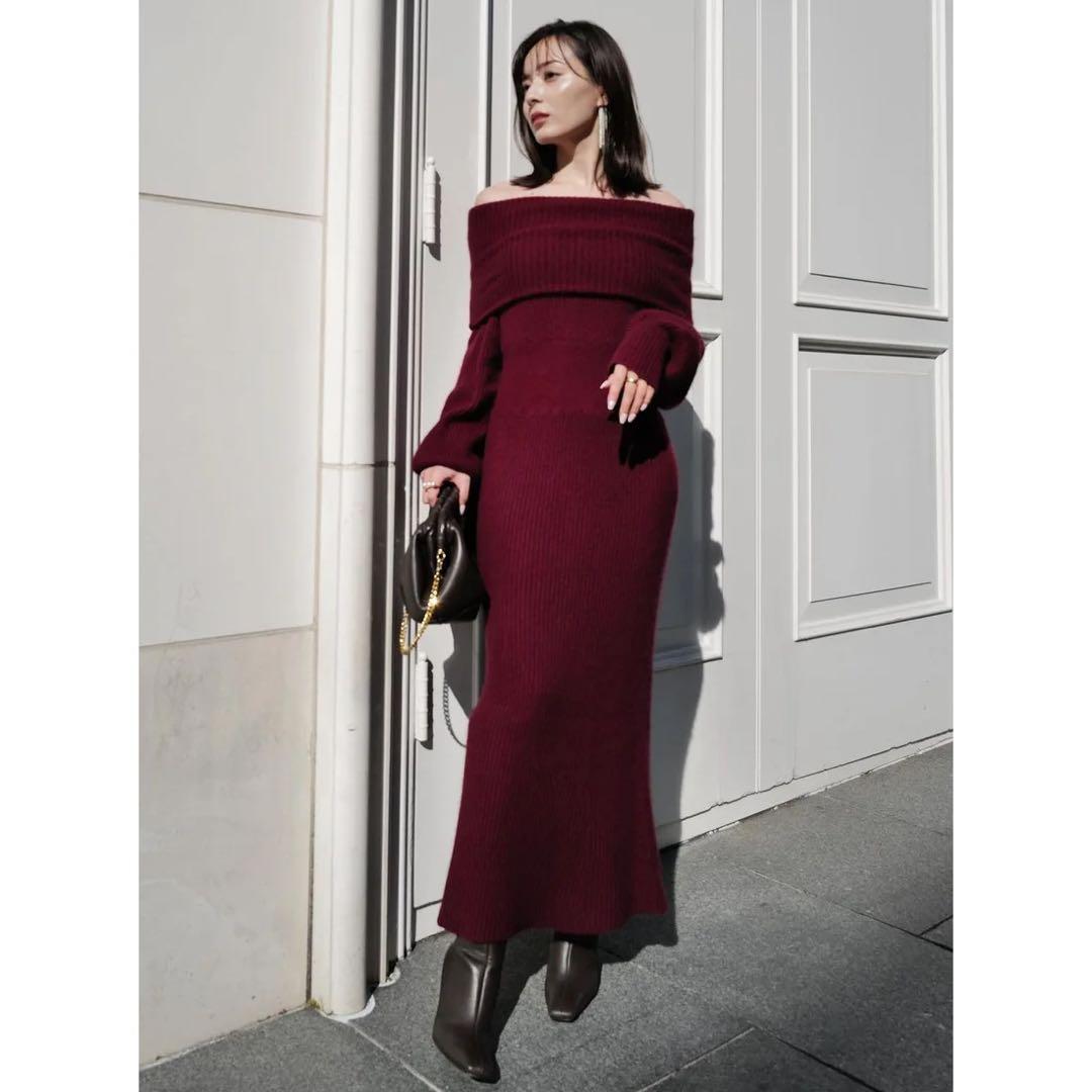 anuans オフショルナローニットワンピース　ボルドー