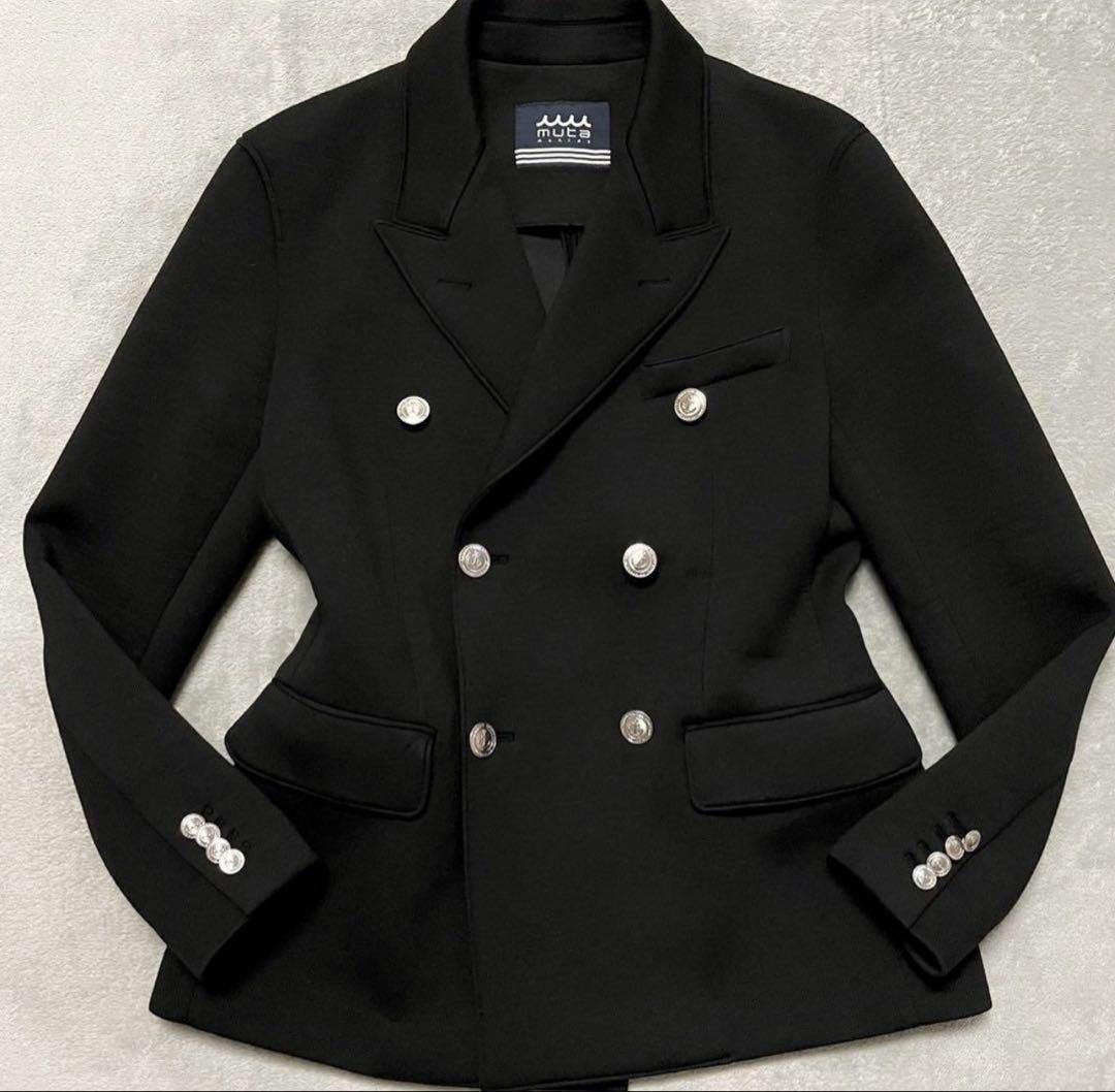 M相当★ムータマリン ダブル テーラードジャケット 銀ボタン ボンディング 黒