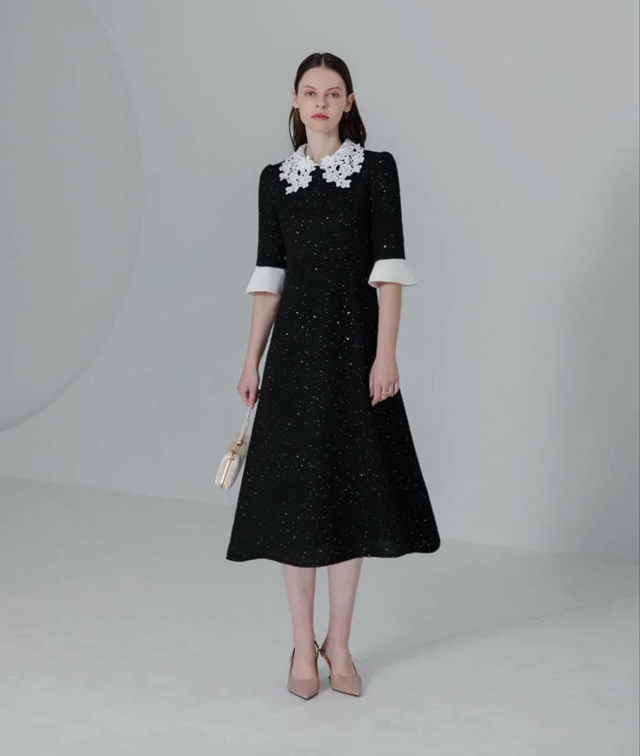 leja ドレス 花柄レースカラースパンコールAラインワンピースドレス