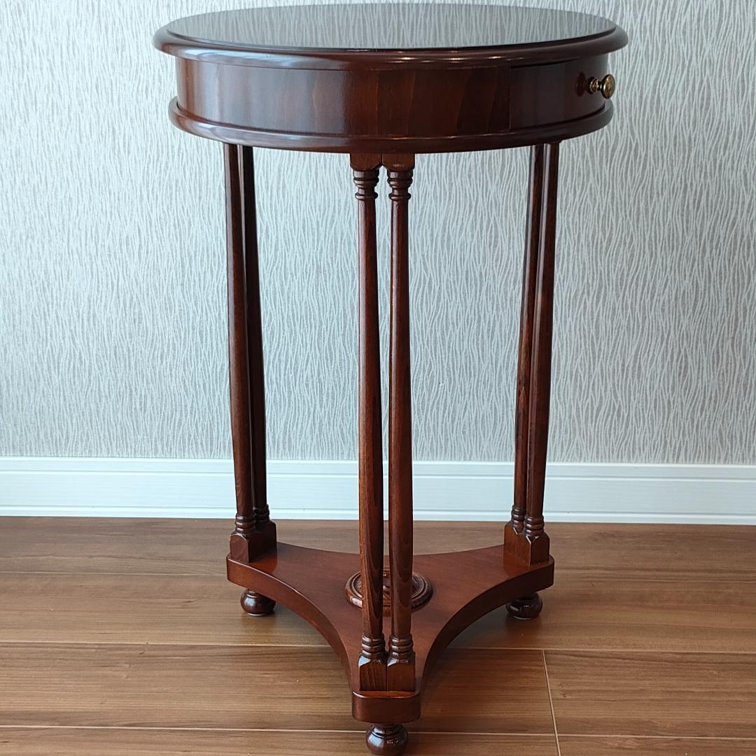 アンティーク　サイドテーブル　ラウンド　象嵌　引出し付き