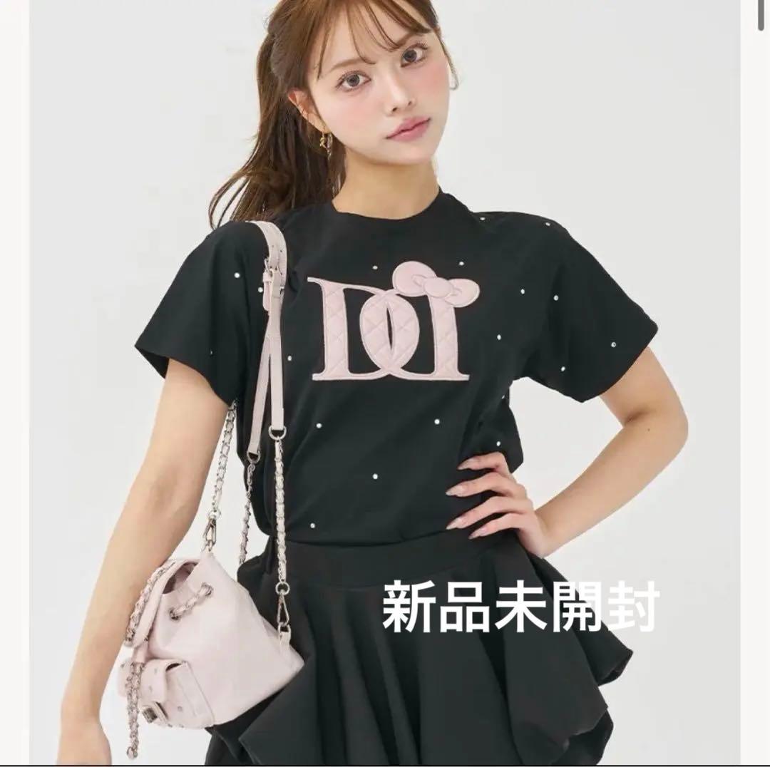 ダーリッチHelloDarich キルティングアップリケビジューTシャツブラック